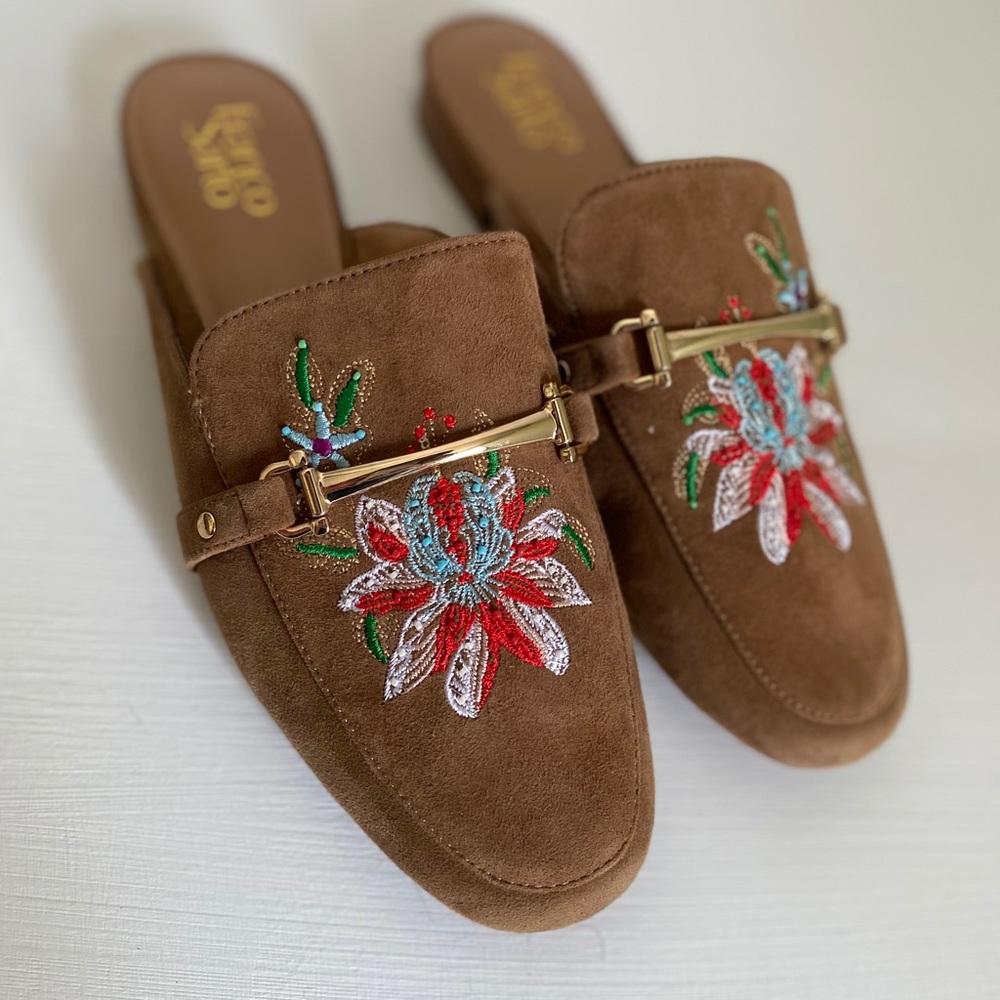 Franco Sarto Embroidered  Suede Leather Mules